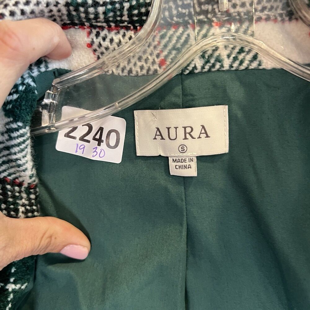 Aura Green Tartan plaid double-breasted peacoat jacket Women's Small Preppy Chic - Picture 10 of 10